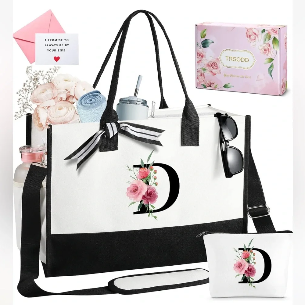 TRSODD Floral Tote & Makeup Bag Set Monogrammed Letter D [NWT]